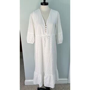 ZARA White Eyelet V-NECK MIDI DRESS SZ SM Event Wedding Beach Church Cruise